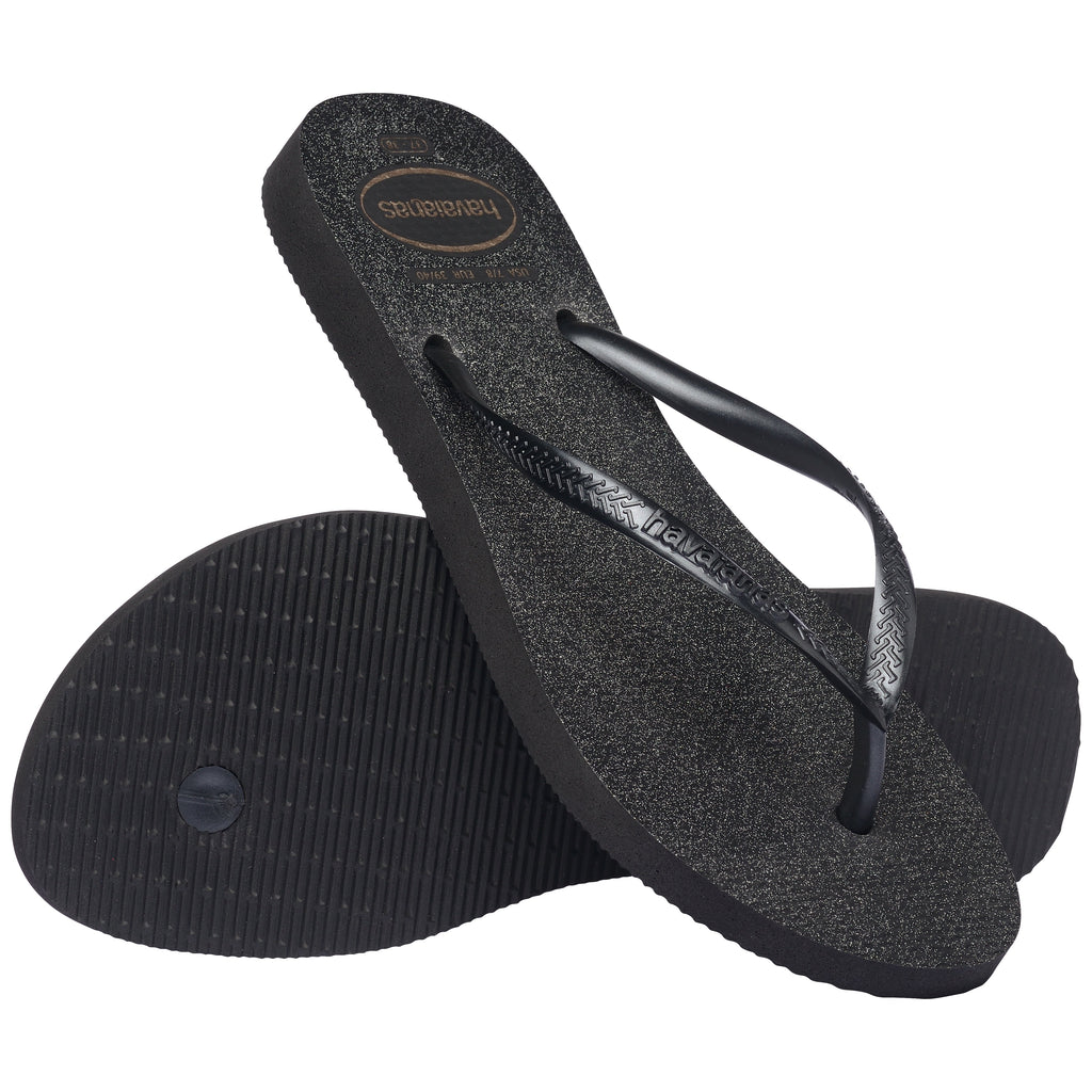 Women's Slim Gloss Flip Flops - Black/Silver/Black