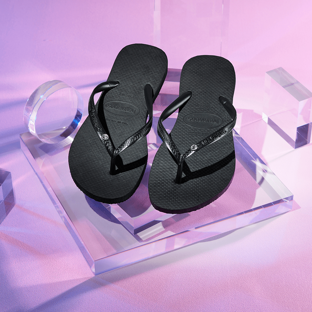 Women's Slim Crystal Flip Flops - Black