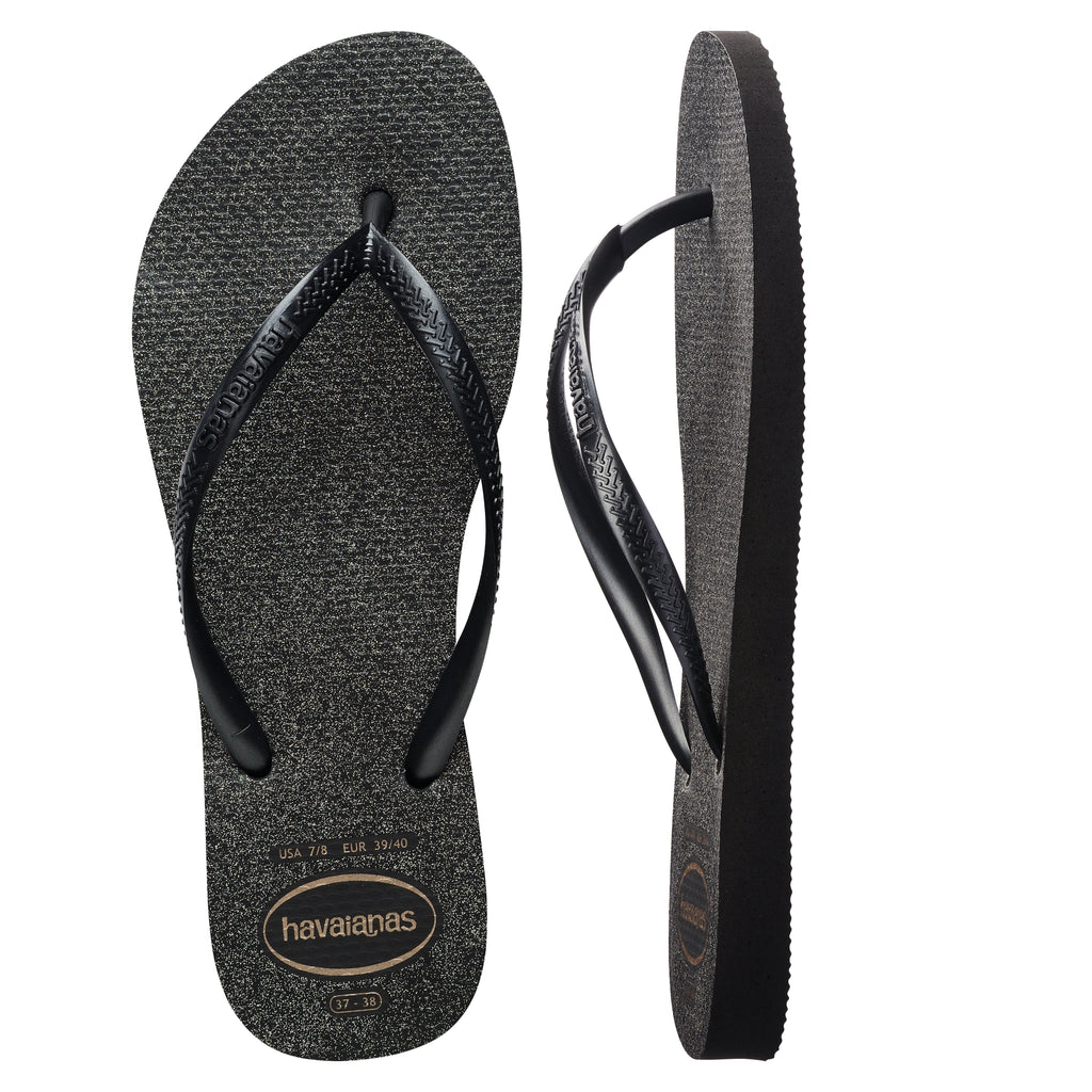 Women's Slim Gloss Flip Flops - Black/Silver/Black