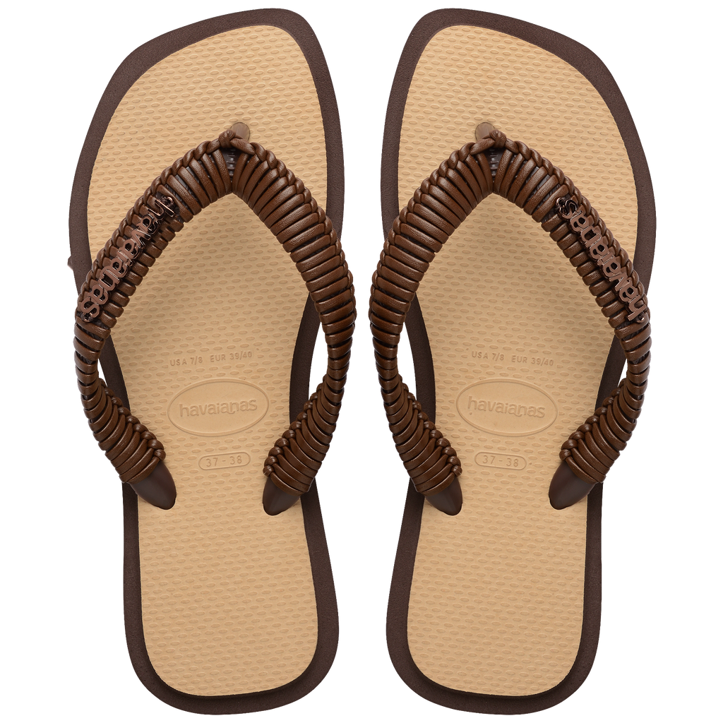 Women's Top Square Fusion Boho Flip Flops - Dark Brown/Golden