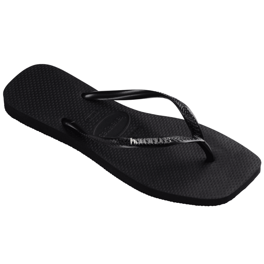 Women's Slim Square Logo Metallic Flip Flops - Black/Silver
