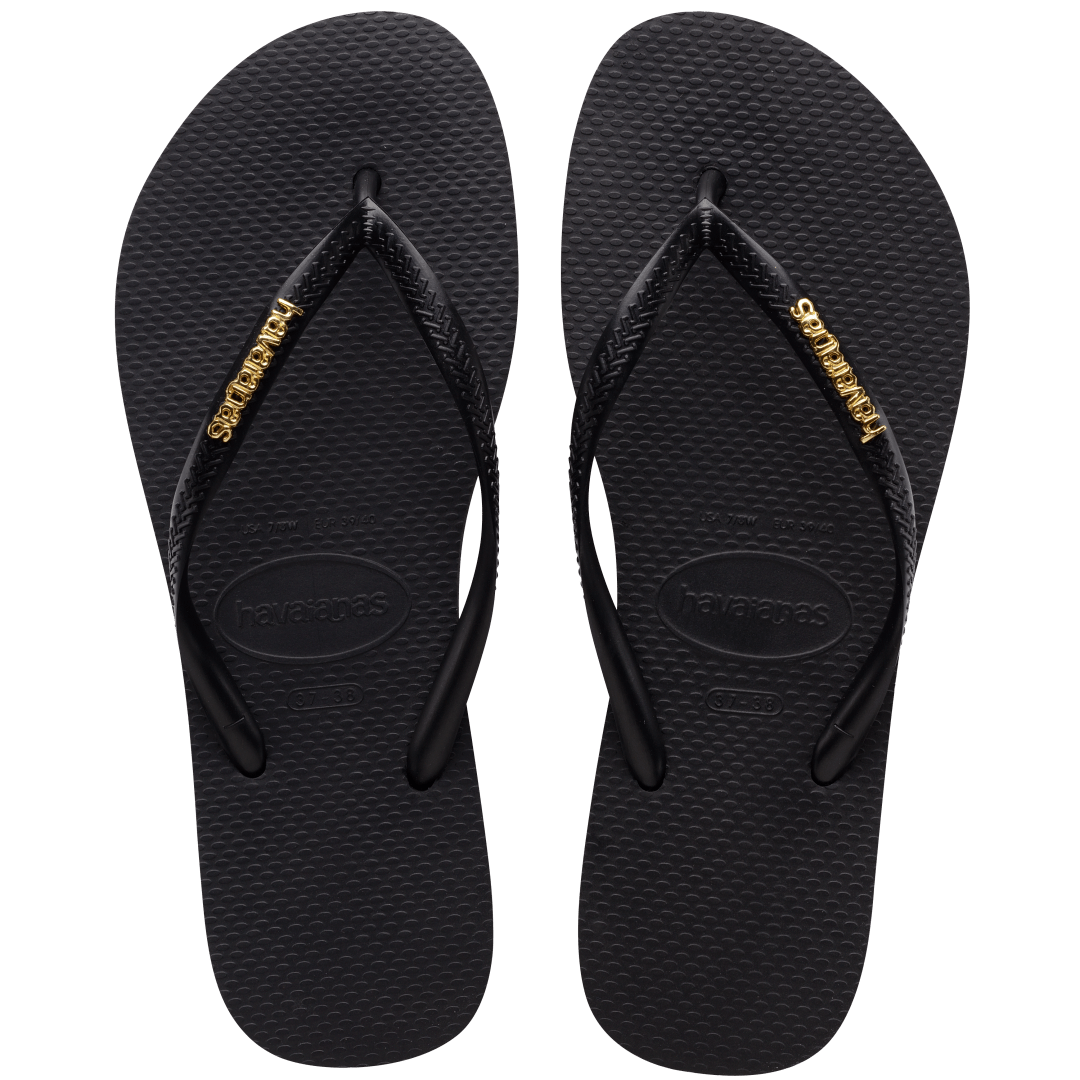 Women's Slim Logo Metallic Flip Flops - Black/Golden