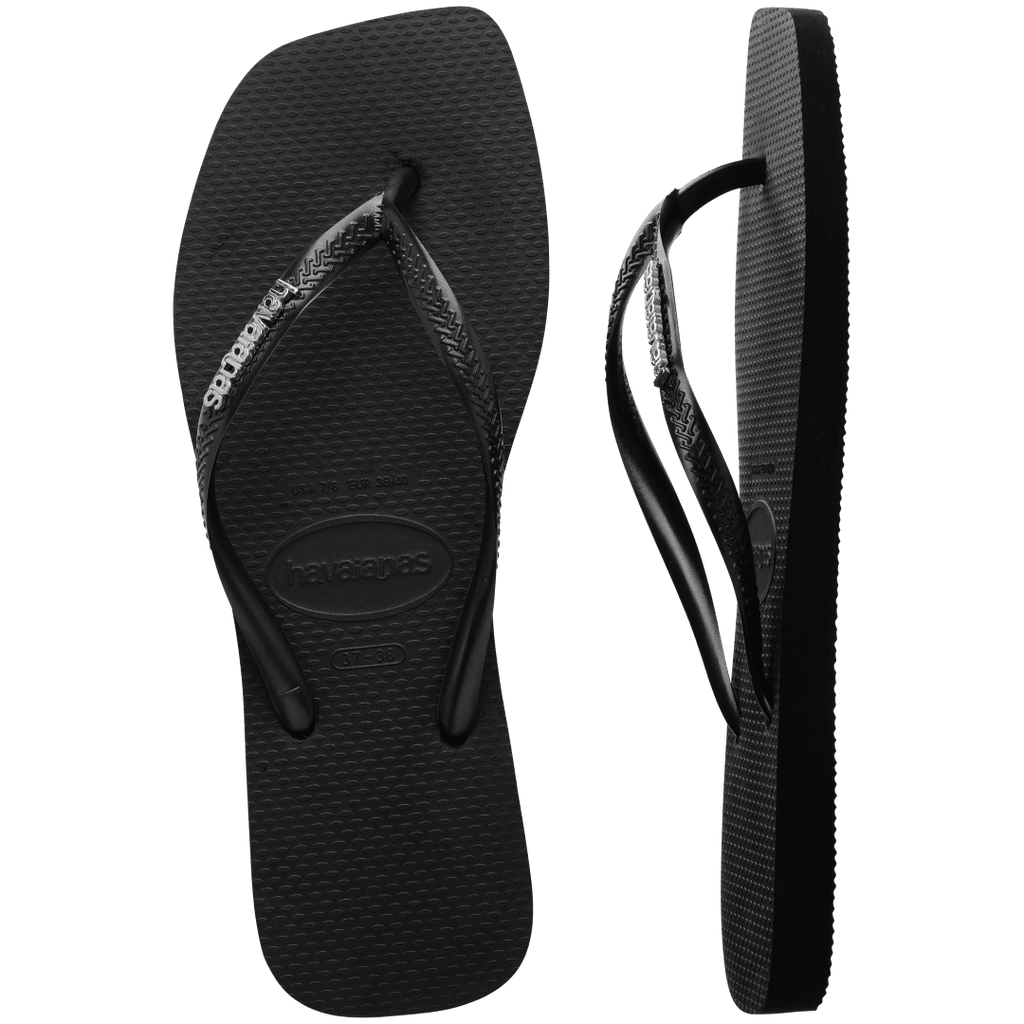 Women's Slim Square Logo Metallic Flip Flops - Black/Silver
