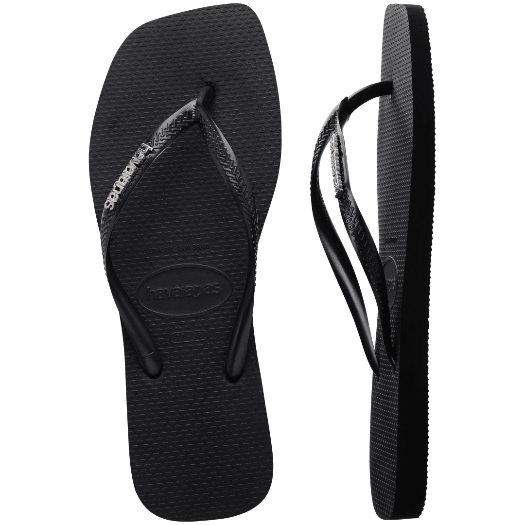 Women's Slim Square Logo Metallic Flip Flops - Black/Silver