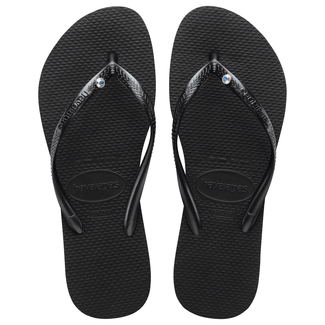 Women's Slim Crystal Flip Flops - Black