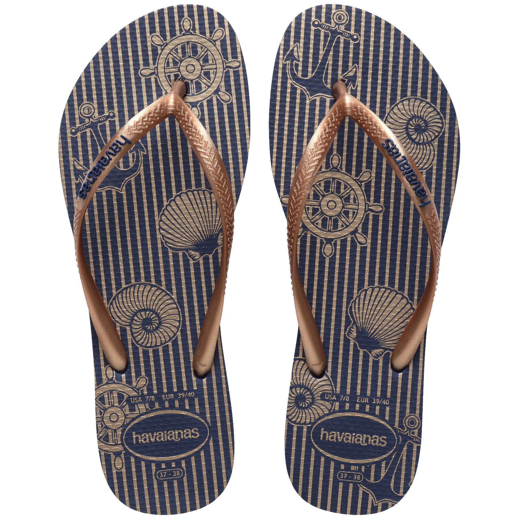 Women's Nautical Slim Flip Flops - Navy Blue/Rose