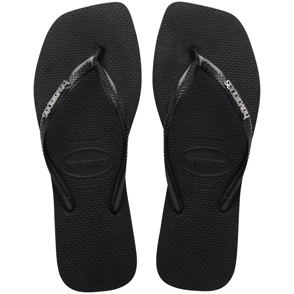 Women's Slim Square Logo Metallic Flip Flops - Black/Silver
