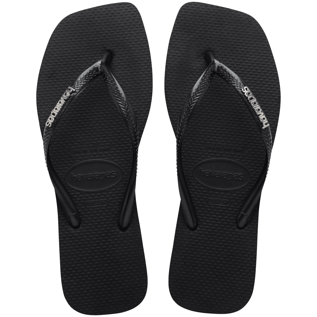 Women's Slim Square Logo Metallic Flip Flops - Black/Silver