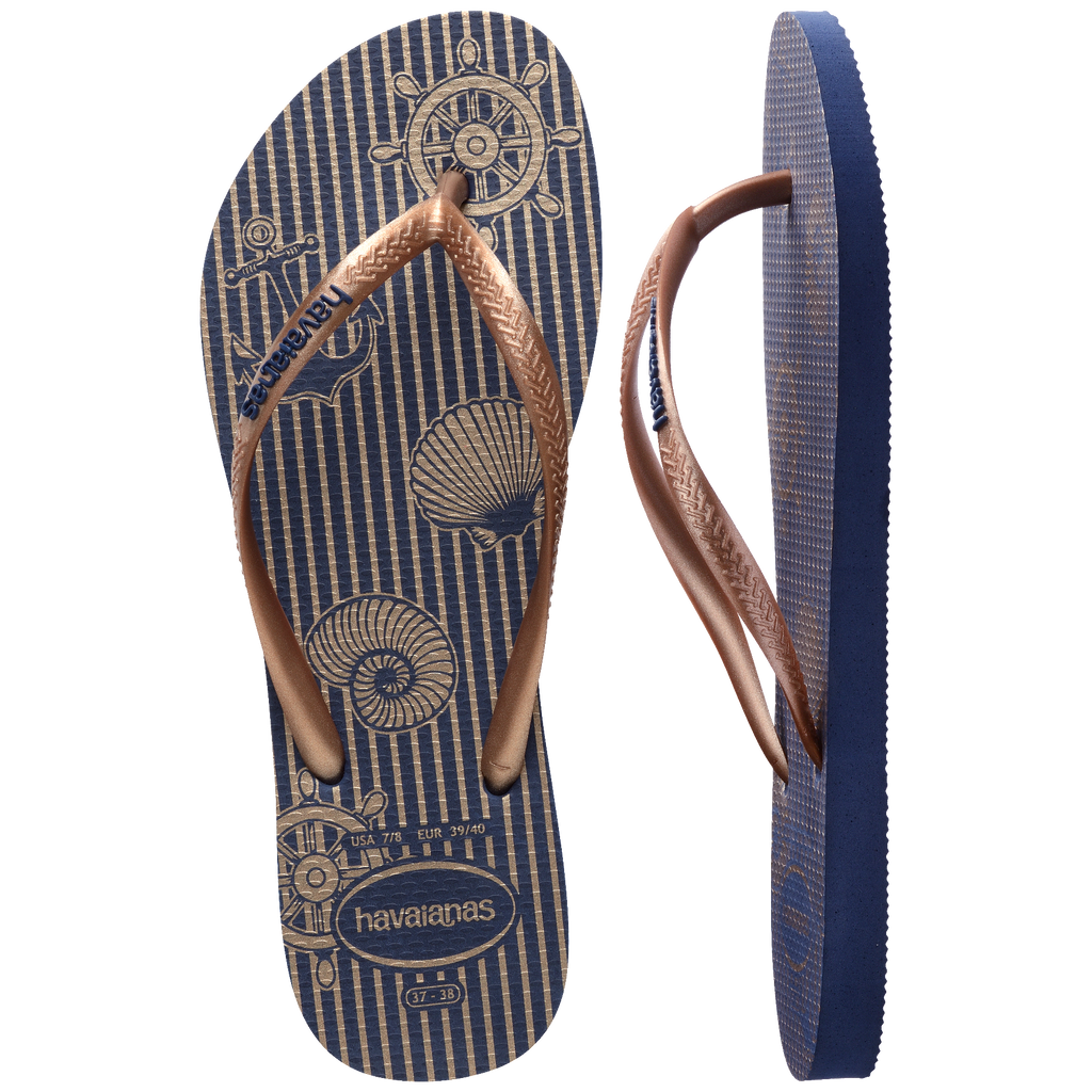 Women's Nautical Slim Flip Flops - Navy Blue/Rose