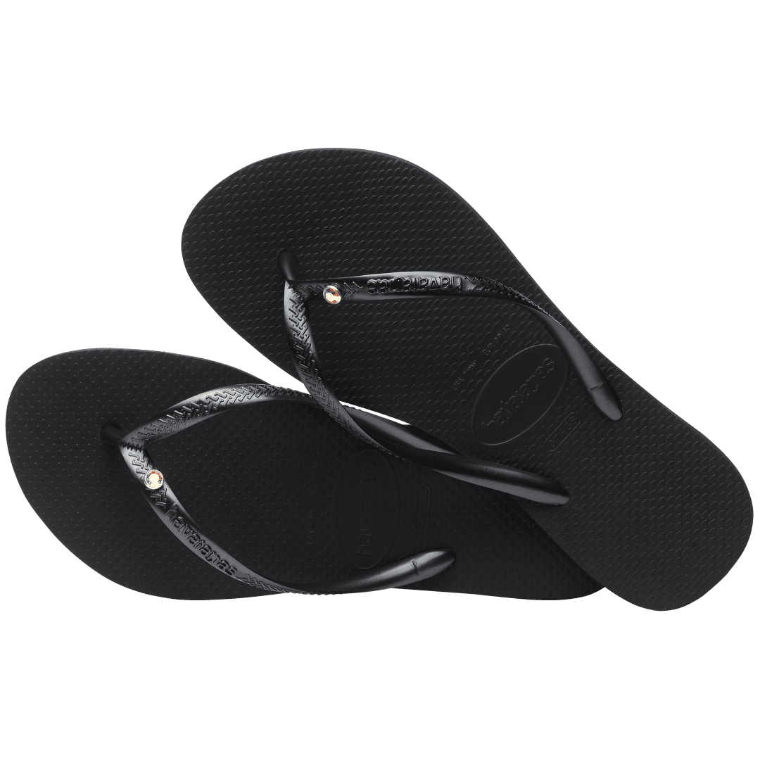 Women's Slim Crystal Flip Flops - Black