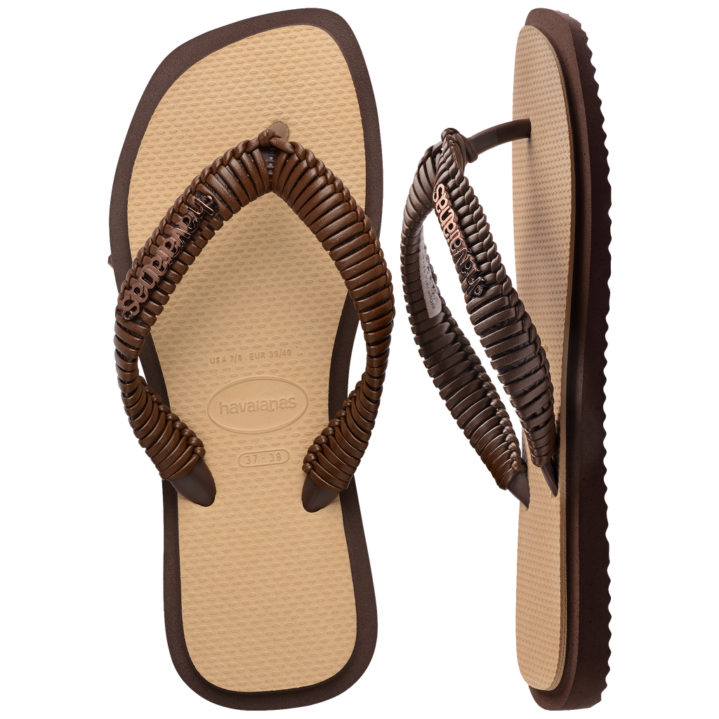 Women's Top Square Fusion Boho Flip Flops - Dark Brown/Golden